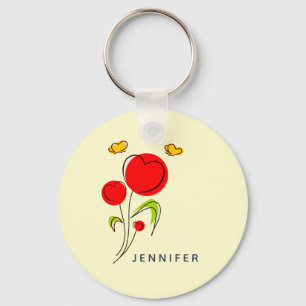 Cute Red Heart Flowers en Yellow Butterflies Sleutelhanger