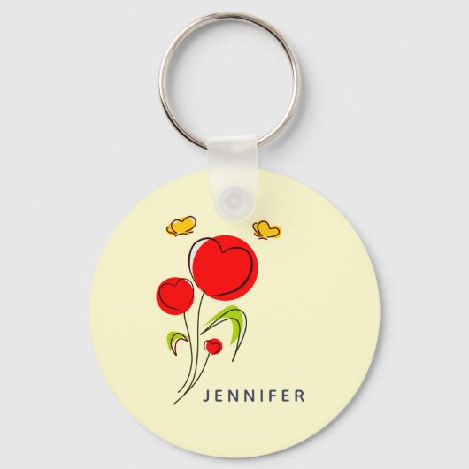 Cute Red Heart Flowers en Yellow Butterflies Sleutelhanger (Voorkant)