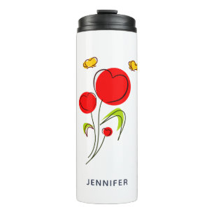 Cute Red Heart Flowers en Yellow Butterflies Thermosbeker