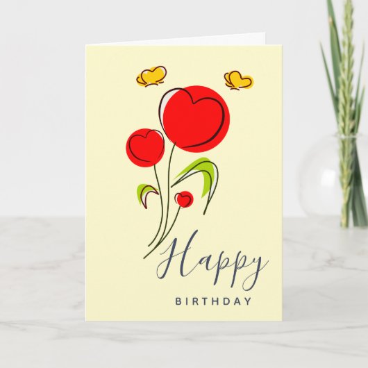 Cute Red Heart Flowers Illustratie Birthday Kaart (Voorkant)