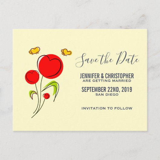 Cute Red Heart Flowers Illustratie Save the Date Briefkaart (Voorkant)