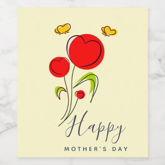 Cute Red Heart Flowers Illustration Moederdag Wijn Etiket (Enkel label)