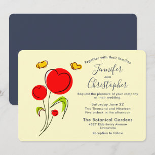 Cute Red Heart Flowers Illustration Wedding Kaart