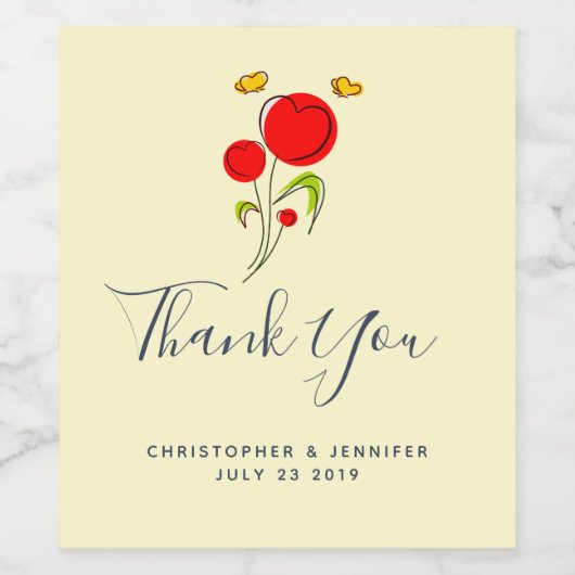 Cute Red Heart Flowers Illustration Wedding Wijn Etiket (Enkel label)