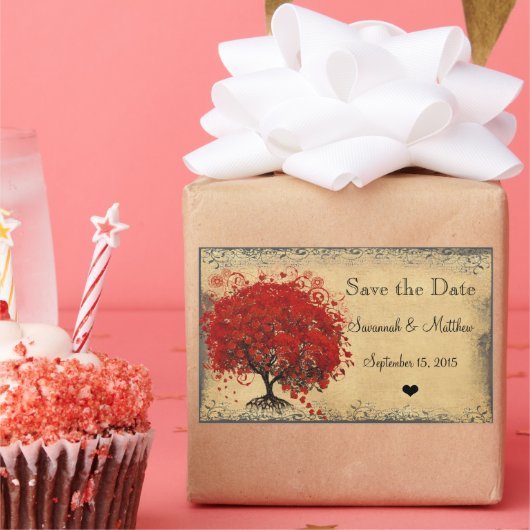 Cute Red Heart Leaf Tree Weddings Rechthoekige Sticker (Feest)