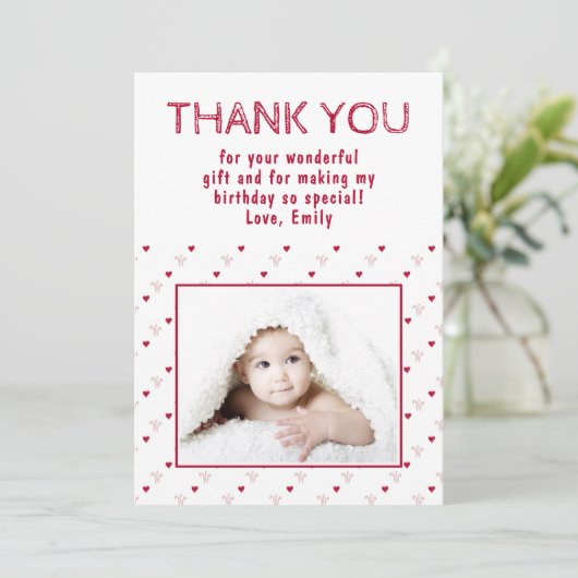 Cute Red Heart Pattern Foto Bedankkaart (Staand voorkant)