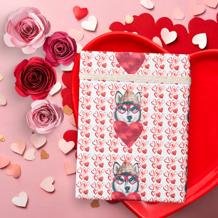 Cute Red Hearts Husky Hondenliefhebber Valentijn Cadeaupapier