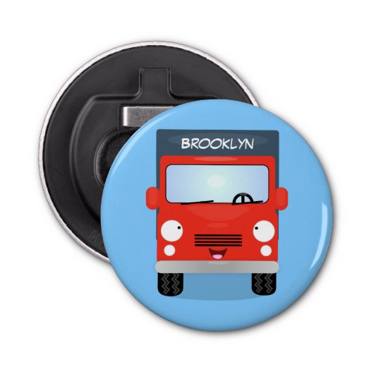 Cute red kawaii truck cartoon afbeelding button flesopener (Voorkant)
