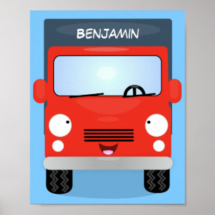 Cute red kawaii truck cartoon afbeelding poster