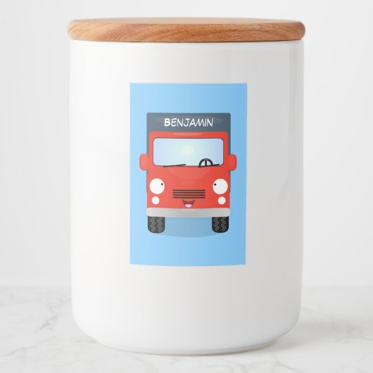 Cute red kawaii truck cartoon afbeelding voedselcontainer etiket (Voorkant)
