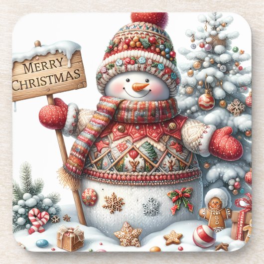 Cute Red Kerstmis Snowman Bier Onderzetter (Voorkant)