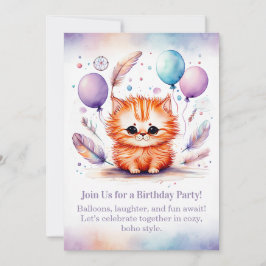 Cute Red Kitten Birthday Invitation Pastel Boho  Kaart