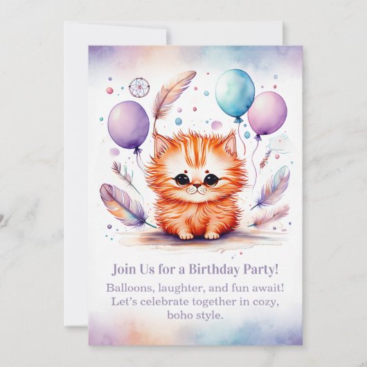 Cute Red Kitten Birthday Invitation Pastel Boho Kaart (Voorkant)