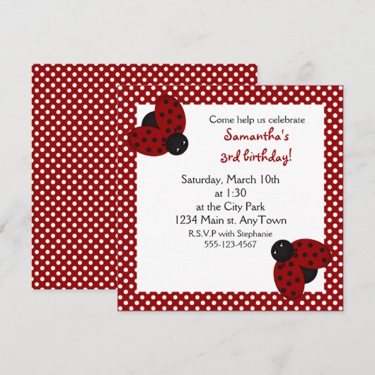 Cute Red Ladybugs Birthday Invite Kaart (Voorkant / Achterkant)