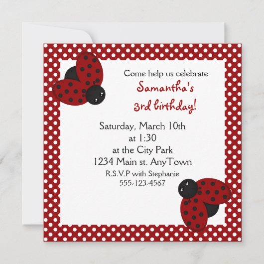 Cute Red Ladybugs Birthday Invite Kaart (Voorkant)