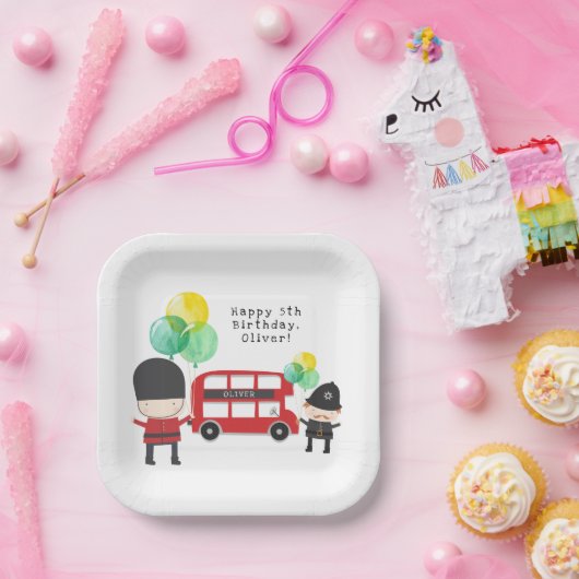 Cute Red London Bus Theme Kinderen Birthday Papieren Bordje (Feest)