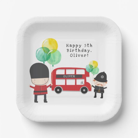 Cute Red London Bus Theme Kinderen Birthday Papieren Bordje (Voorkant)
