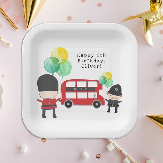 Cute Red London Bus Theme Kinderen Birthday Papieren Bordje