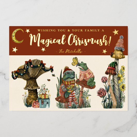 Cute Red Magical Mushroom Merry Kerstmis Folie Ho Folie Feestdagenkaart (Voorkant)