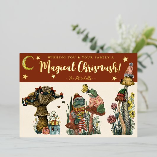 Cute Red Magical Mushroom Merry Kerstmis Folie Ho Folie Feestdagenkaart (Staand Voorkant)