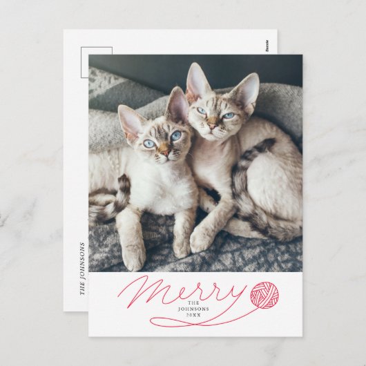 Cute Red Merry Script met Yarn Ball Cat Photo Feestdagenkaart (Voorkant / Achterkant)