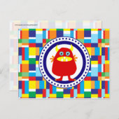 Cute Red Monster over kleurrijke patchworkblokken Briefkaart (Voorkant / Achterkant)