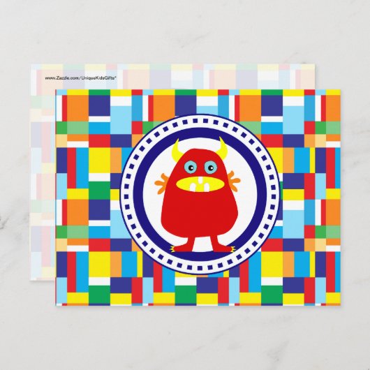 Cute Red Monster over kleurrijke patchworkblokken Briefkaart (Voorkant / Achterkant)