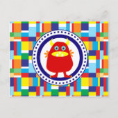 Cute Red Monster over kleurrijke patchworkblokken Briefkaart (Voorkant)