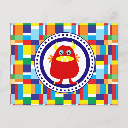 Cute Red Monster over kleurrijke patchworkblokken Briefkaart (Voorkant)