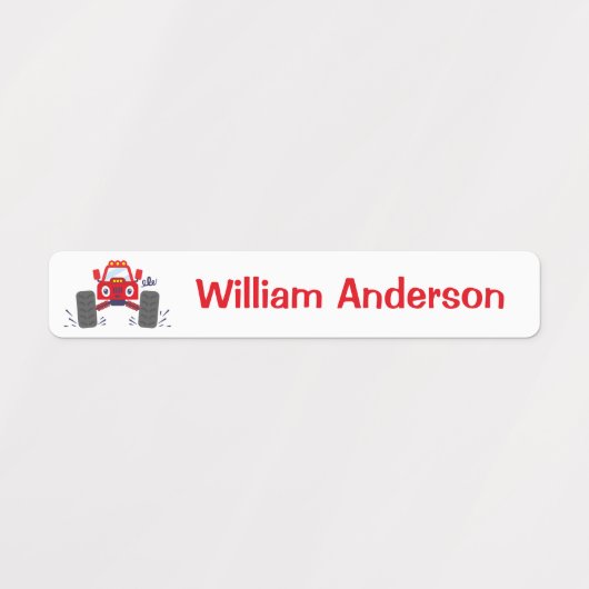 Cute Red Monster Truck Persoonlijke naam Labels (Design 1)