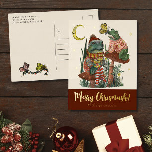 Cute Red Mushroom Kikker and Toad Merry Kerstmis F Folie Feestdagen Briefkaart