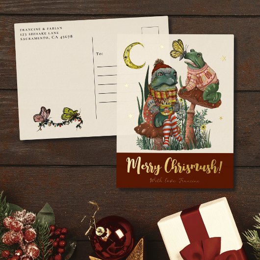 Cute Red Mushroom Kikker and Toad Merry Kerstmis F Folie Feestdagen Briefkaart