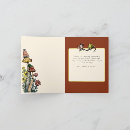 Cute Red Mushroom Kikker en Toad Merry Kerstmis Feestdagen Kaart (Binnen)
