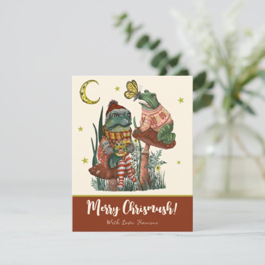 Cute Red Mushroom Kikker en Toad Merry Kerstmis Feestdagenkaart (Staand voorkant)