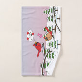 Cute Red Northern Cardinals Love Winter Landscape Bad Handdoek (Handdoek)