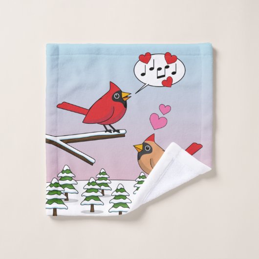 Cute Red Northern Cardinals Love Winter Landscape Bad Handdoek (Wasdoekje)
