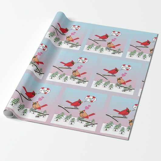 Cute Red Northern Cardinals Love Winter Landscape Cadeaupapier (Uitgerold)