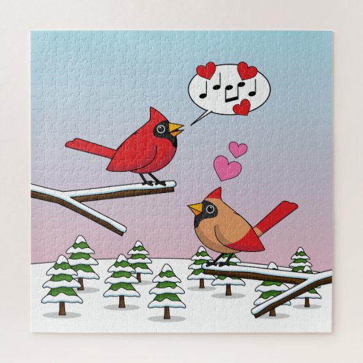 Cute Red Northern Cardinals Love Winter Landscape Legpuzzel (Verticaal)