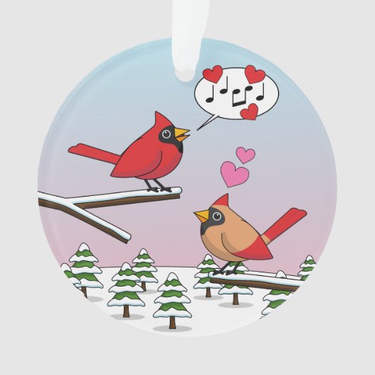 Cute Red Northern Cardinals Love Winter Landscape Ornament (voorkant)