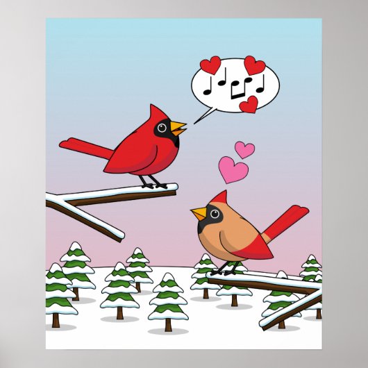 Cute Red Northern Cardinals Love Winter Landscape Poster (Voorkant)