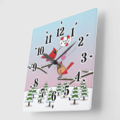 Cute Red Northern Cardinals Love Winter Landscape Vierkante Klok (Hoek)