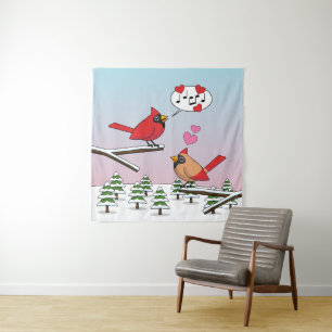 Cute Red Northern Cardinals Love Winter Landscape Wandkleed