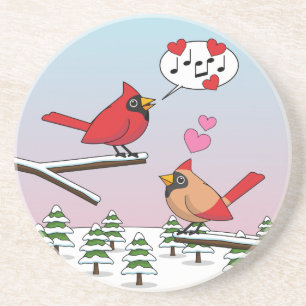 Cute Red Northern Cardinals Love Winter Landscape Zandsteen Onderzetter
