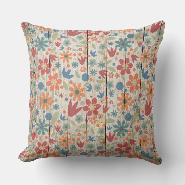 Cute Red Oranje Blue Floral op White Wood Kussen (Voorkant)