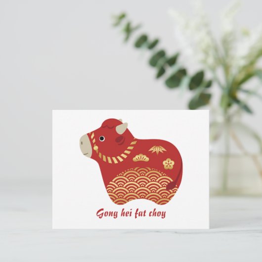 Cute Red Ox, Chinees nieuwjaar van de Ox Briefkaart (Staand voorkant)