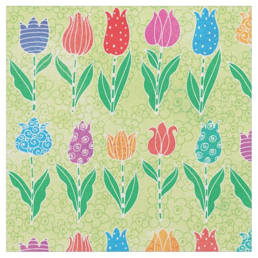 Cute Red Paarse Turquoise Tulip Floral Pattern Stof (Close Up)