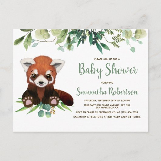 Cute Red Panda Beer Greenery Neutral Baby shower Uitnodiging Briefkaart (Voorkant)