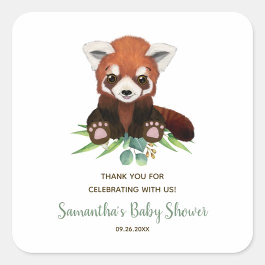 Cute Red Panda Beer Greenery Neutral Baby shower Vierkante Sticker (Voorkant)