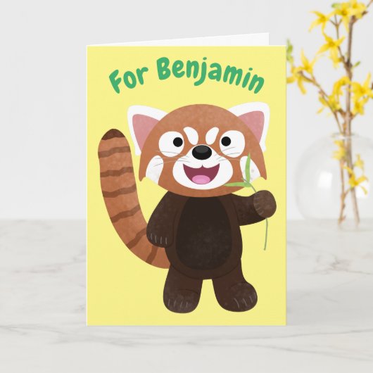 Cute red panda cartoon illustratie kaart (Gele Bloem)