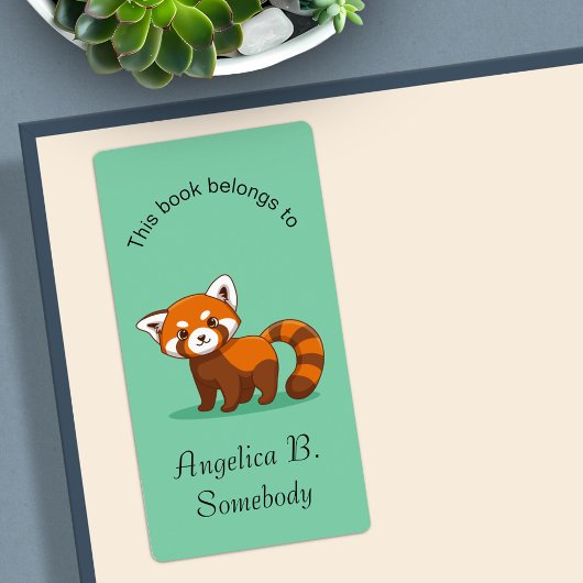 Cute Red Panda Green Bookplate Etiket